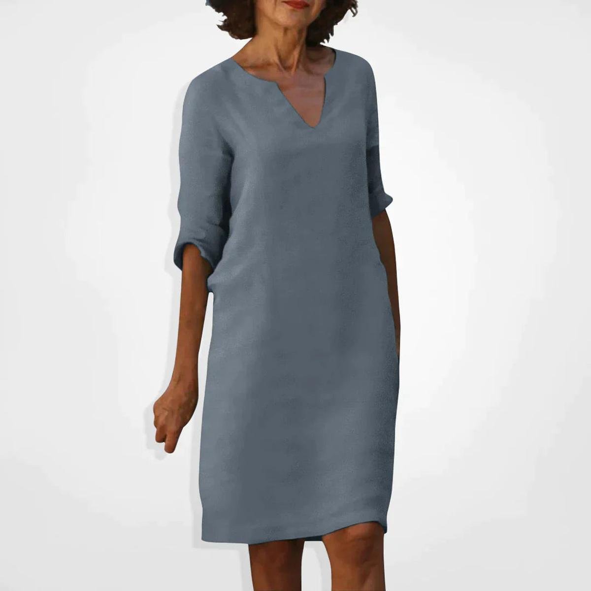 Women's Summer V-Neck Midi Dress With Three-Quarter Sleeves