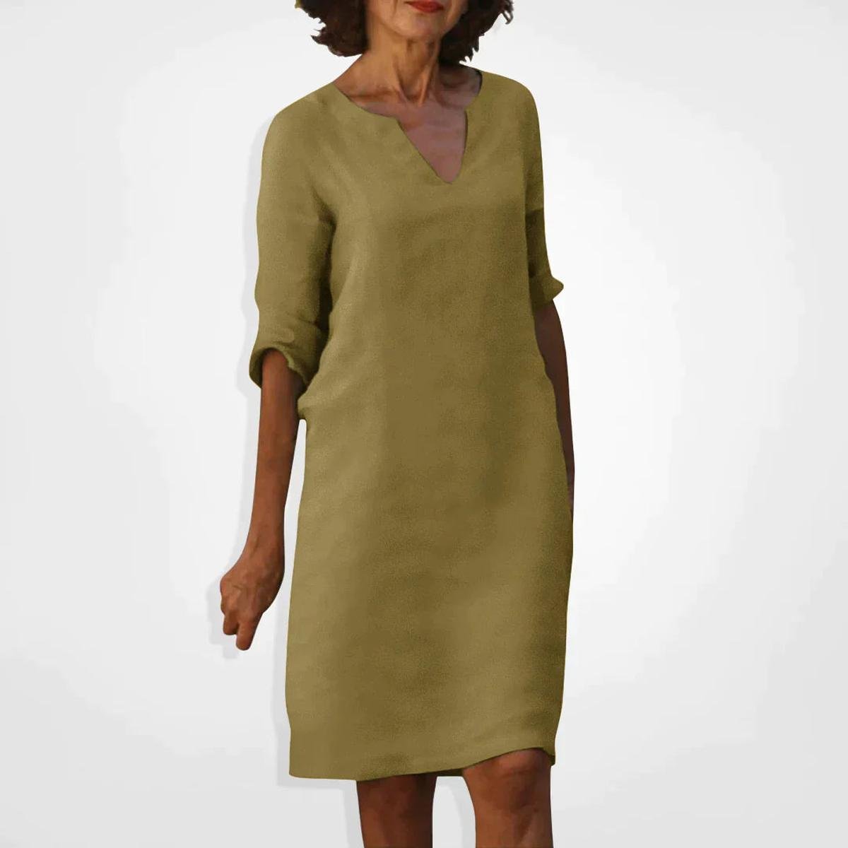 Women's Summer V-Neck Midi Dress With Three-Quarter Sleeves