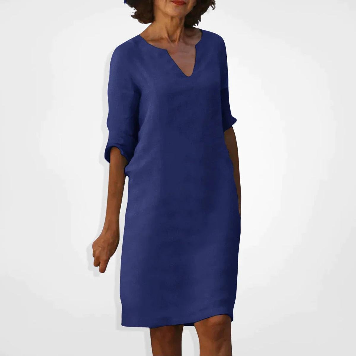 Women's Summer V-Neck Midi Dress With Three-Quarter Sleeves