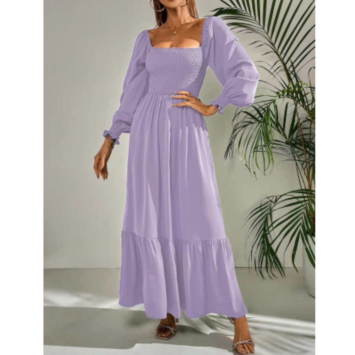 Women's Transitional Dress With Florentine Neckline And Long Sleeves